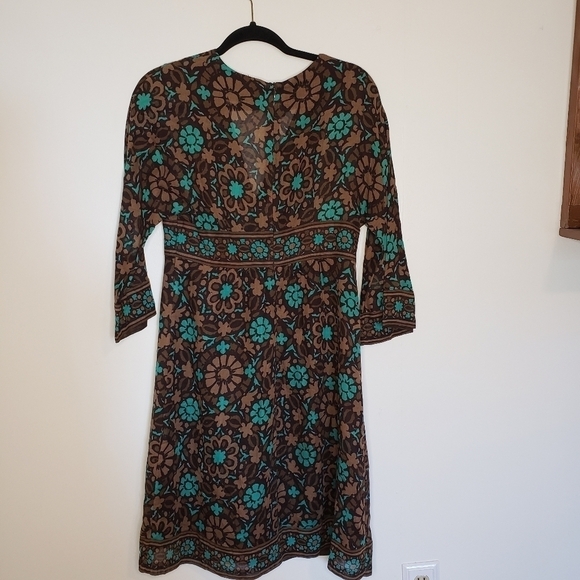 Trina Turk Aqua Brown Boho Retro Floral Print V Neck 3/4 Sleeve A Line Dress 6 - Picture 4 of 5